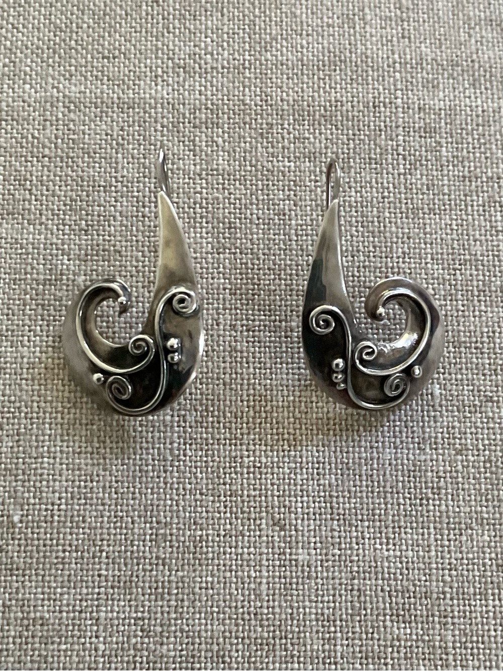 Vintage KJT Sterling Silver Scroll Earrings 925 Artisan Modernist Dangle